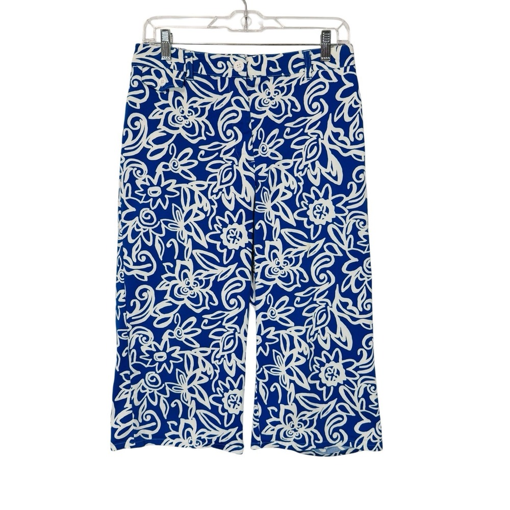 Chico's Crop Wide Leg Pants Womens‎ 0.5 Blue White Floral Stretch Pull On Capri